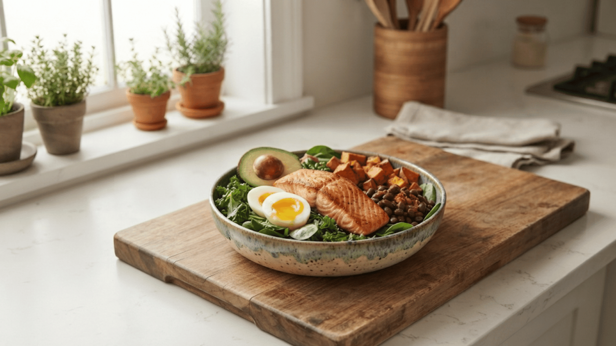 high protein bowl with salmon egg avocado black beans sweet potato and greens for a balanced healthy meal