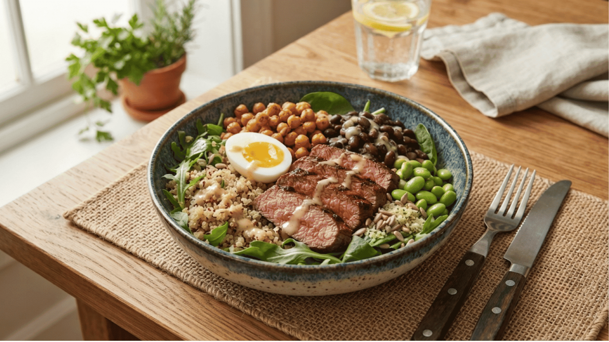 high protein bowl with steak chickpeas black beans quinoa egg and edamame for a balanced healthy meal