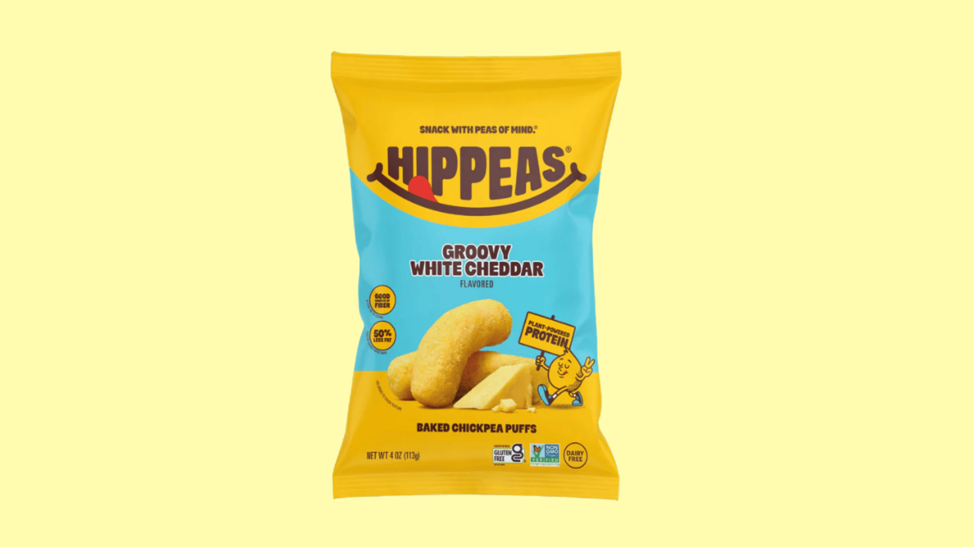 hippeas groovy white cheddar baked chickpea puffs bag featuring cheddar flavor and chickpea puff snacks