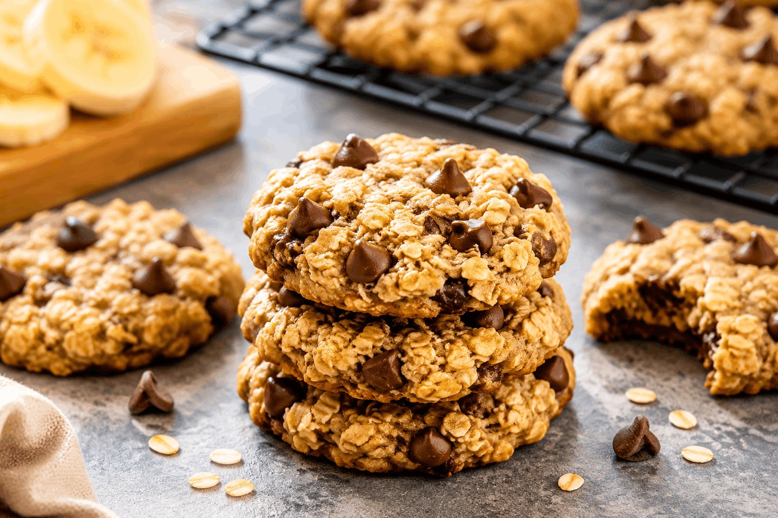 homemade oatmeal chocolate chip cookies stacked on a countertop with rolled oats chocolate chips and baked golden texture