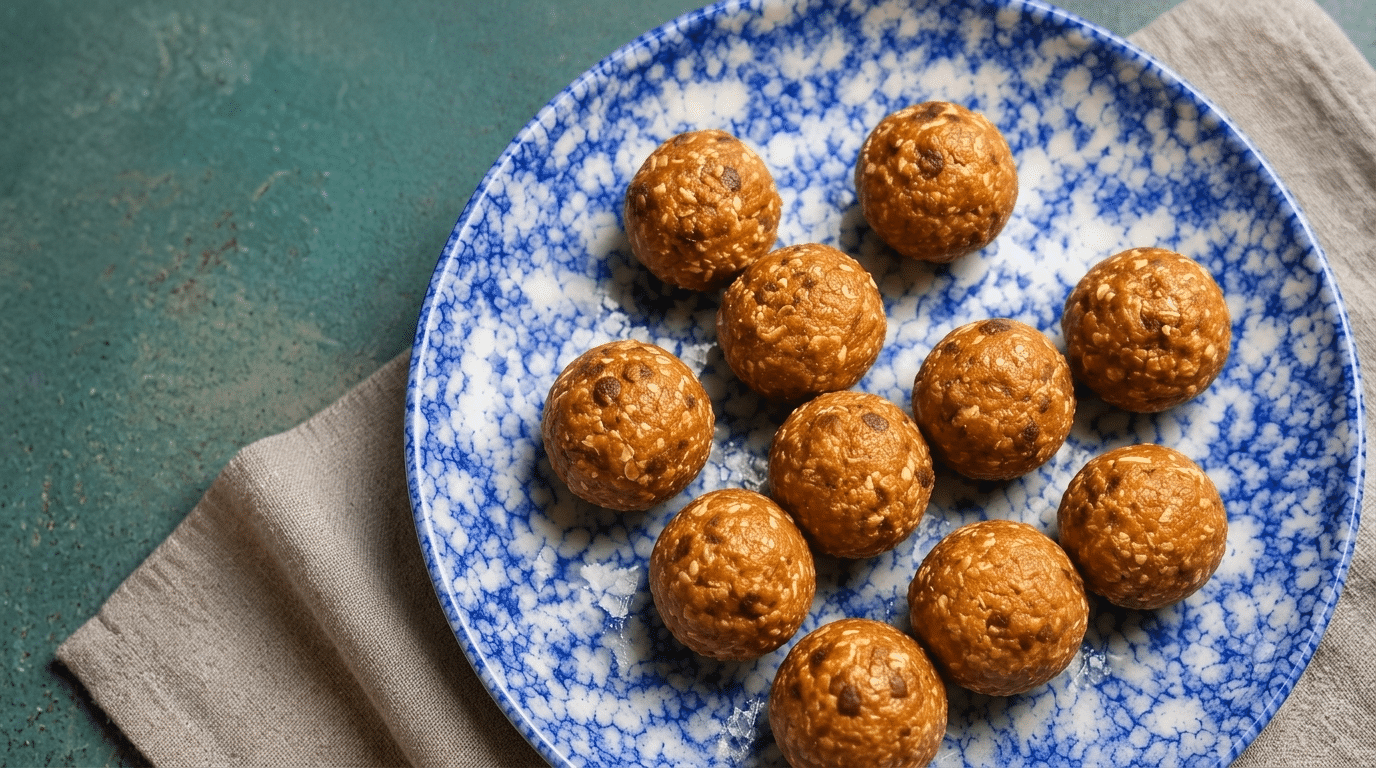 homemade protein energy bites with oats and chocolate chips served on a blue ceramic plate beside protein powder (1)
