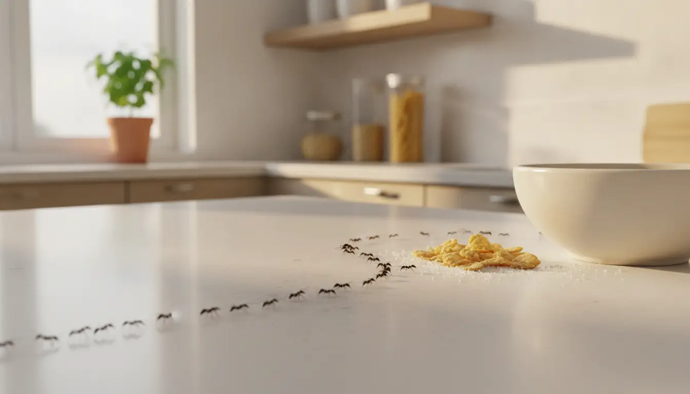 Ants trailing towards cereal on a kitchen countertop near a white bowl