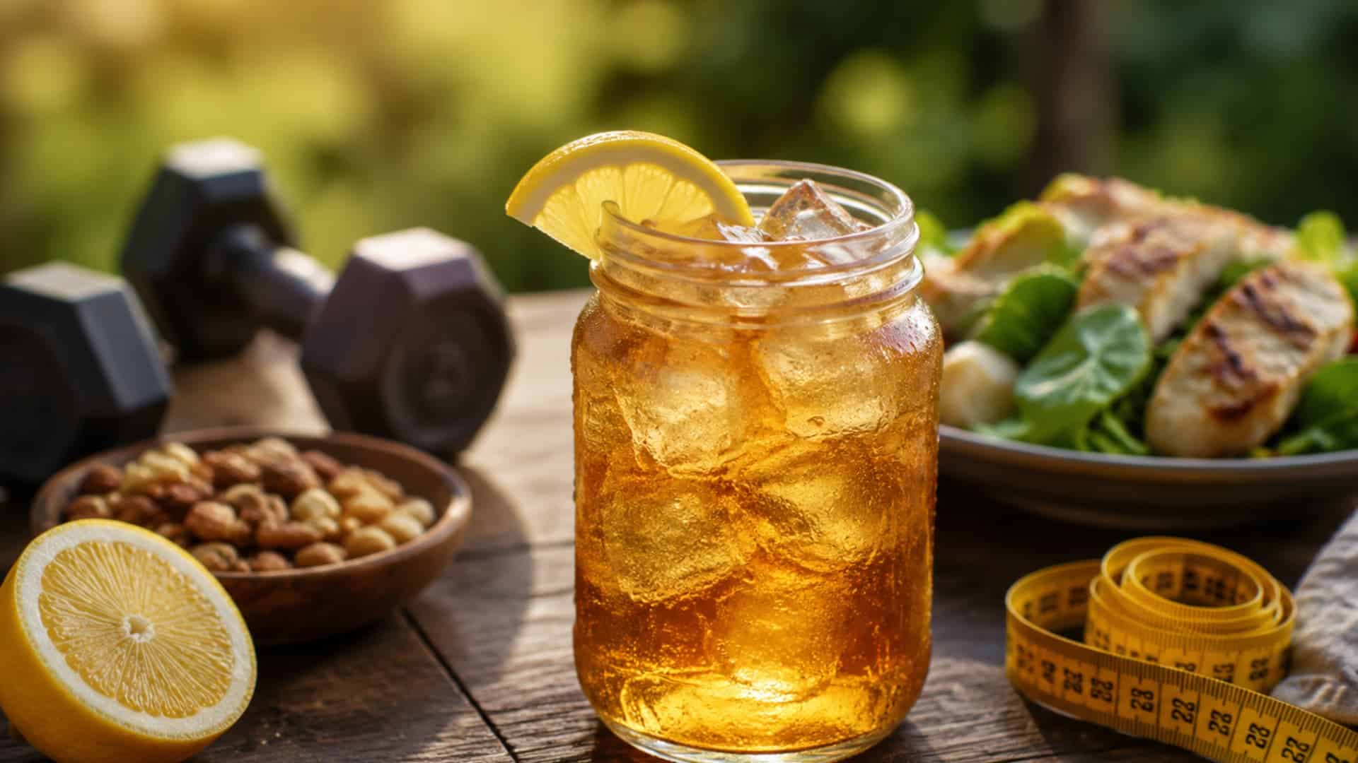 iced twisted tea with healthy snacks grilled salad dumbbells and measuring tape on a rustic outdoor table