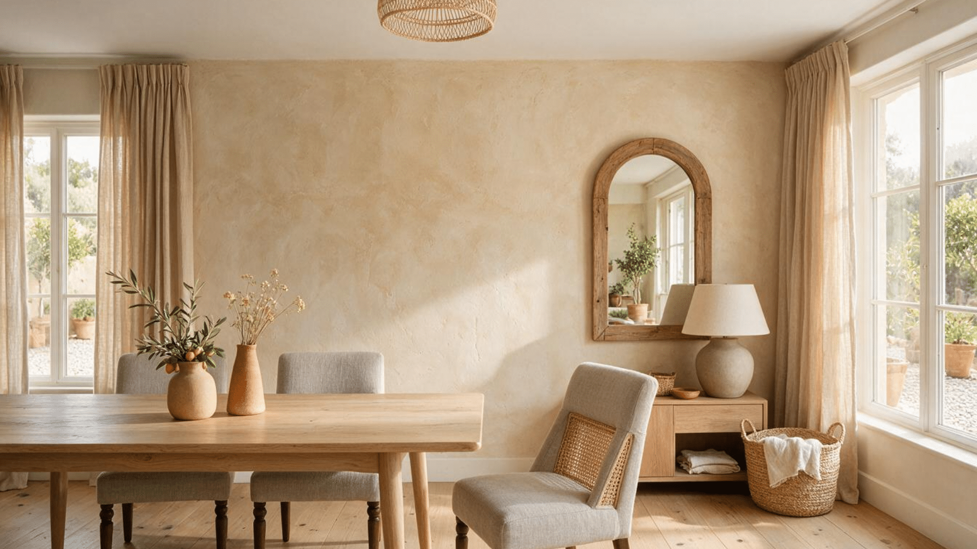 ining room with a textured plaster accent wall in warm beige, minimalist furniture, and soft natural lighting.