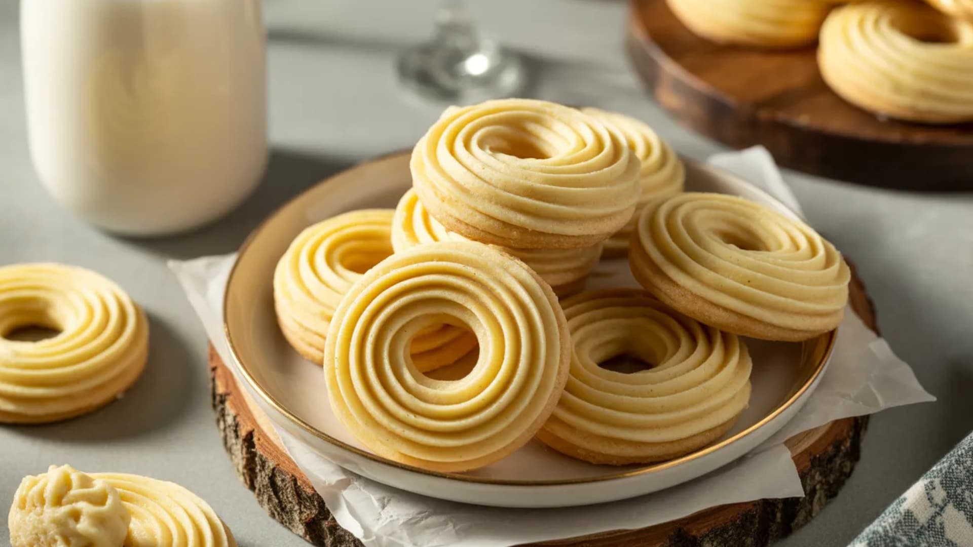 italian butter swirl cookies arranged on plate with soft milk glass and rustic bakery feel