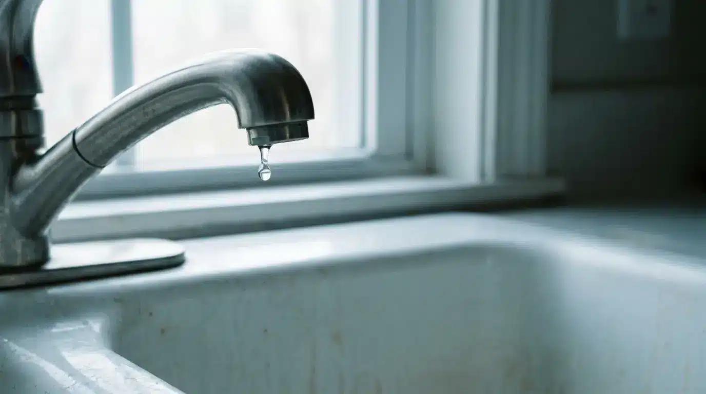 Water droplet hanging from stainless steel faucet above white kitchen sink