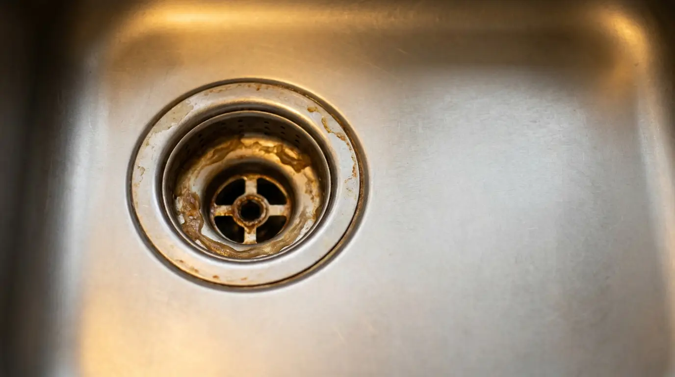 Rusty kitchen sink drain with visible stains on stainless steel surface
