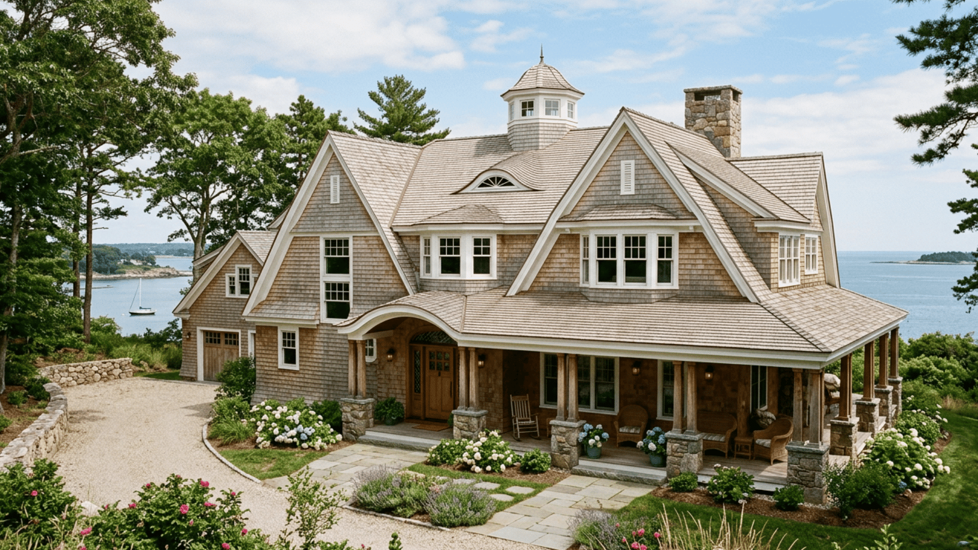 large coastal house with wraparound porch surrounded by trees and gardens overlooking calm water under blue sky