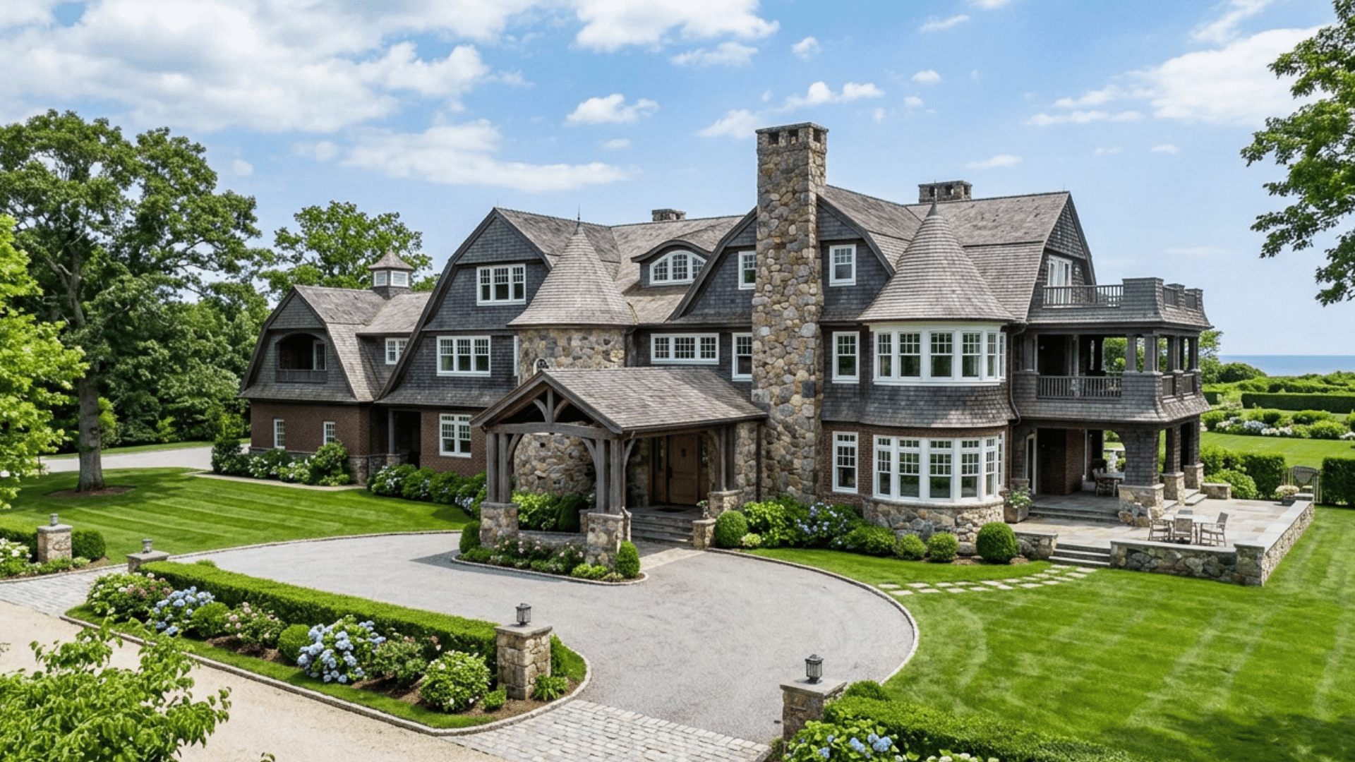 large stone and shingle coastal mansion with landscaped gardens circular driveway and ocean views beneath a bright blue sky