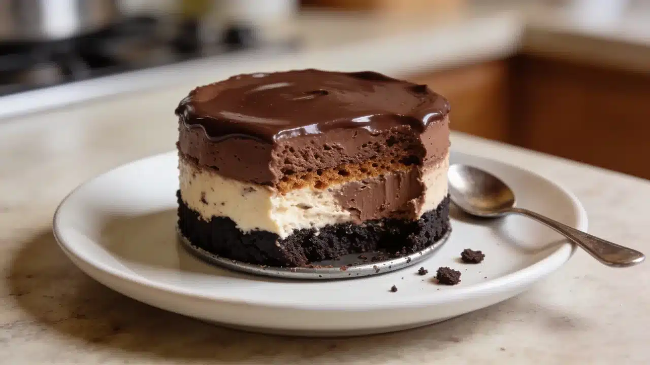 Layered chocolate mousse cheesecake with glossy ganache topping
