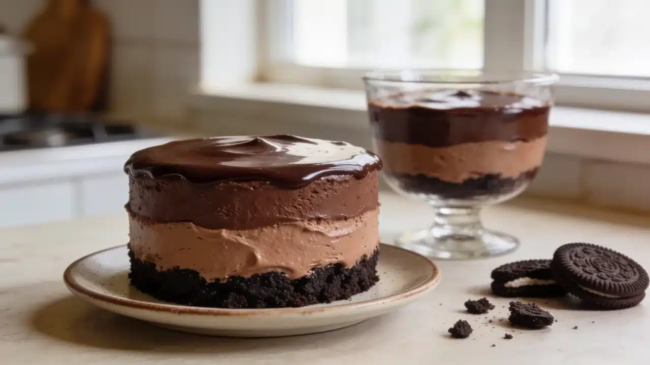 Layered chocolate mousse dessert with glossy ganache topping