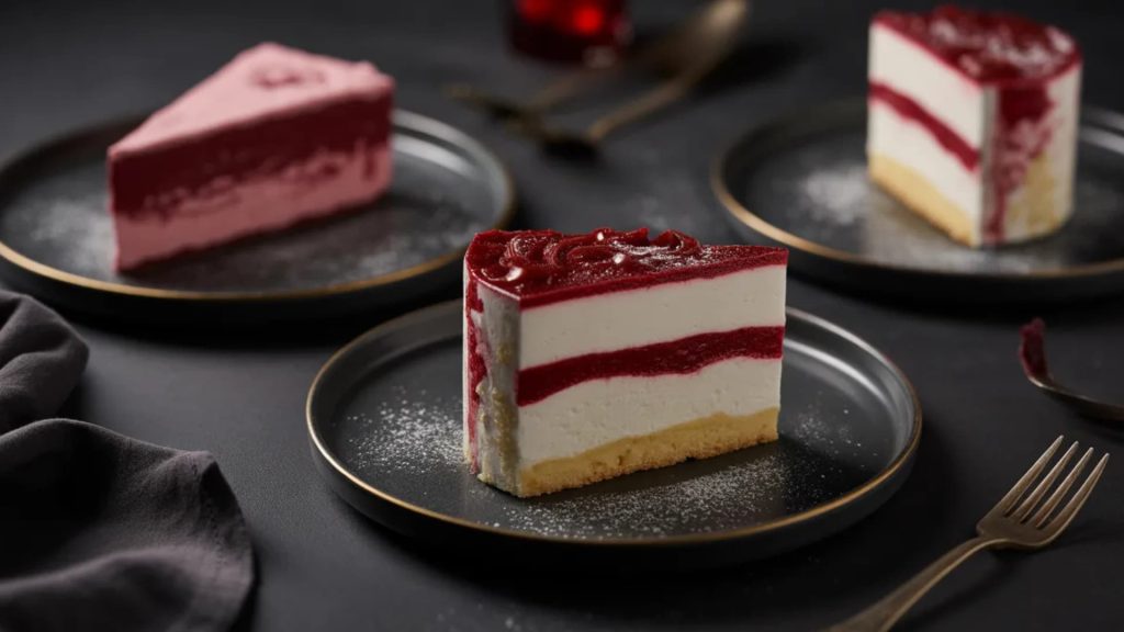 layered italian berry cream cake slices served on dark plates with elegant dessert styling
