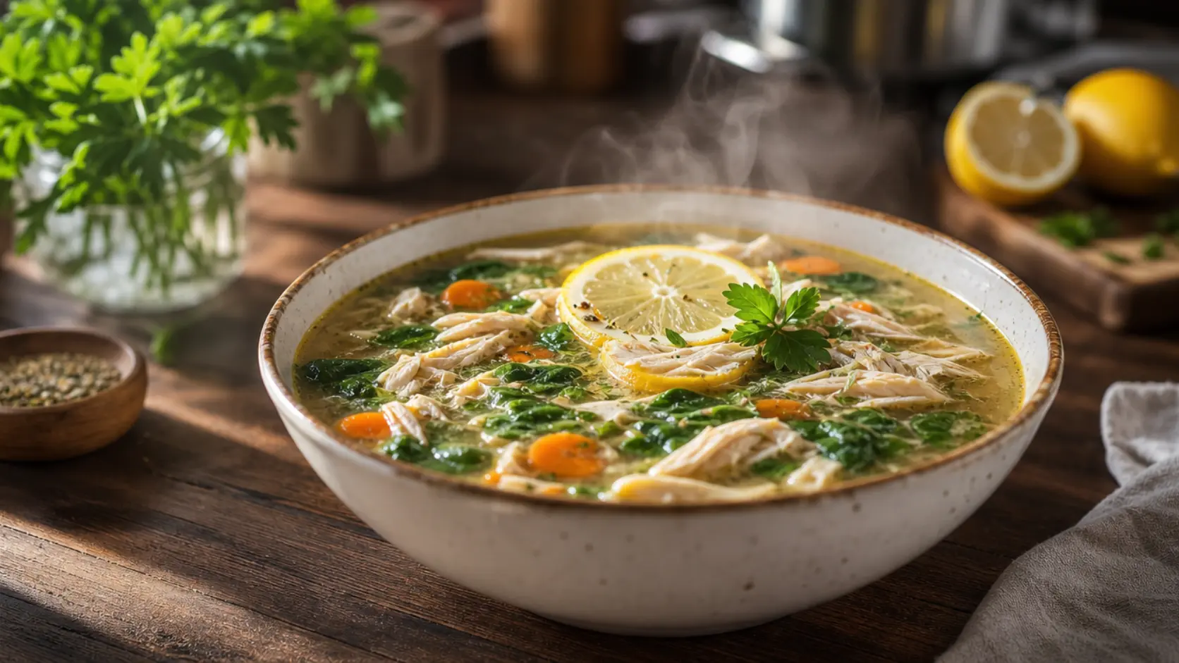 lemon garlic paleo chicken soup with spinach and carrots healthy steaming bowl