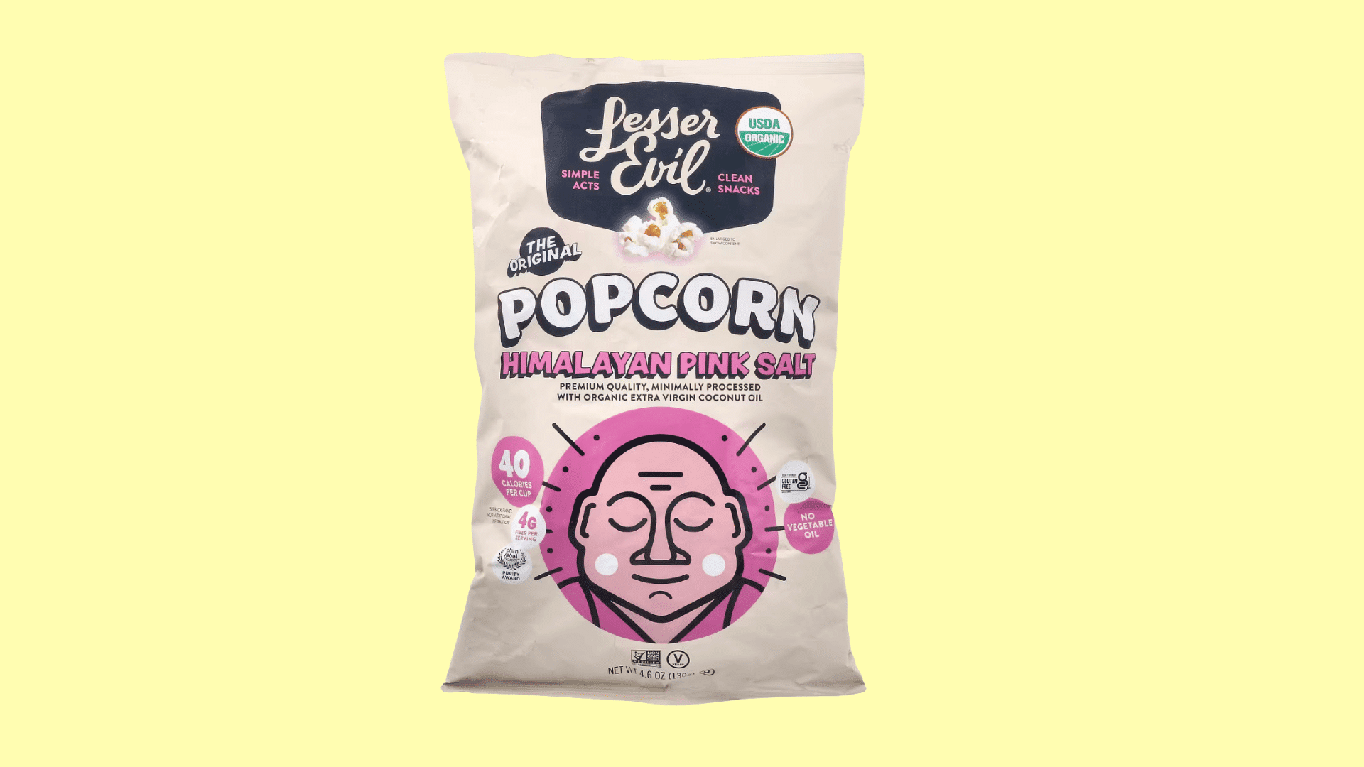 lesser evil himalayan pink salt popcorn bag with organic popcorn and minimalist illustrated package design