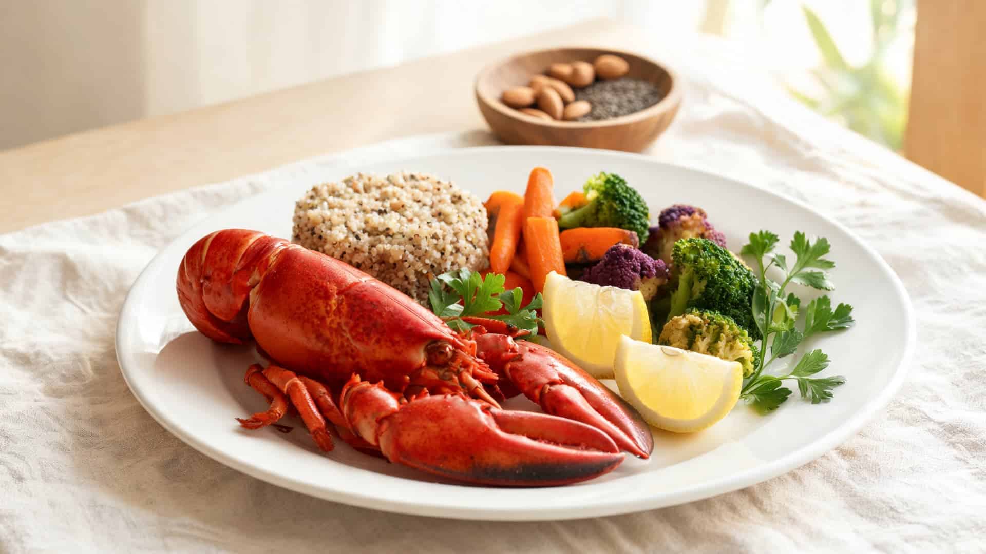 lobster plate with vegetables and grains showing a balanced seafood meal with fresh ingredients