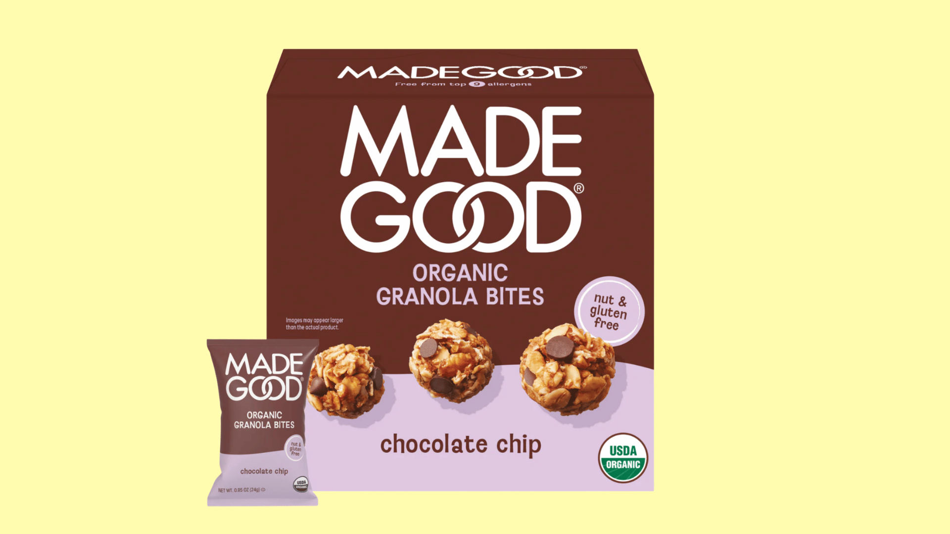 madegood organic chocolate chip granola bites box with individual snack pack shown on a white background