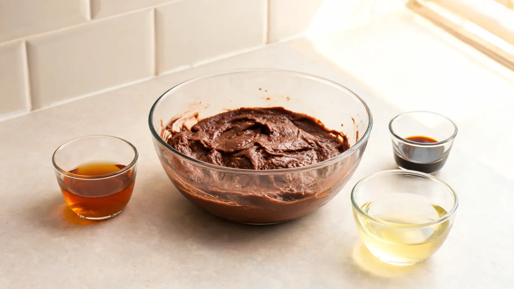 maple syrup, melted coconut oil, and vanilla added to paleo brownies batter in a clean mixing bowl