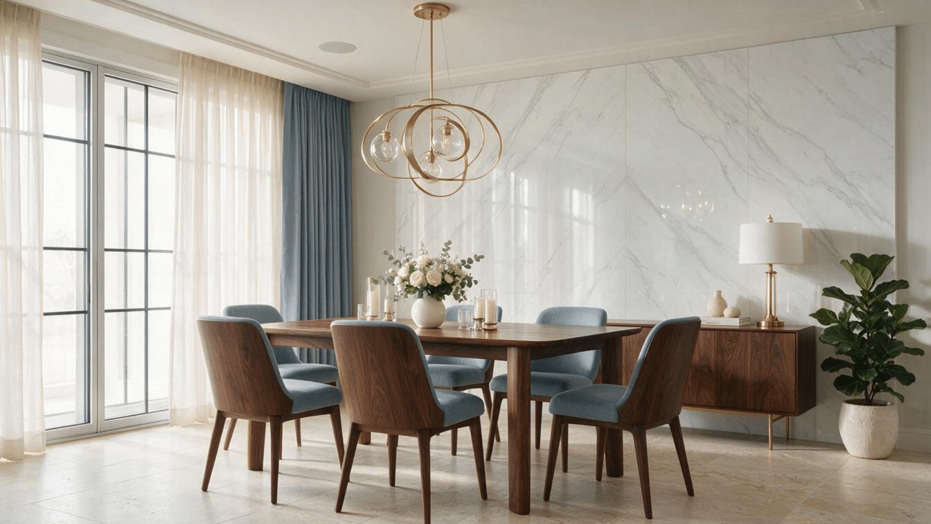 marble look wall panels behind a dining table with brass lighting dark wood furniture and elegant decor