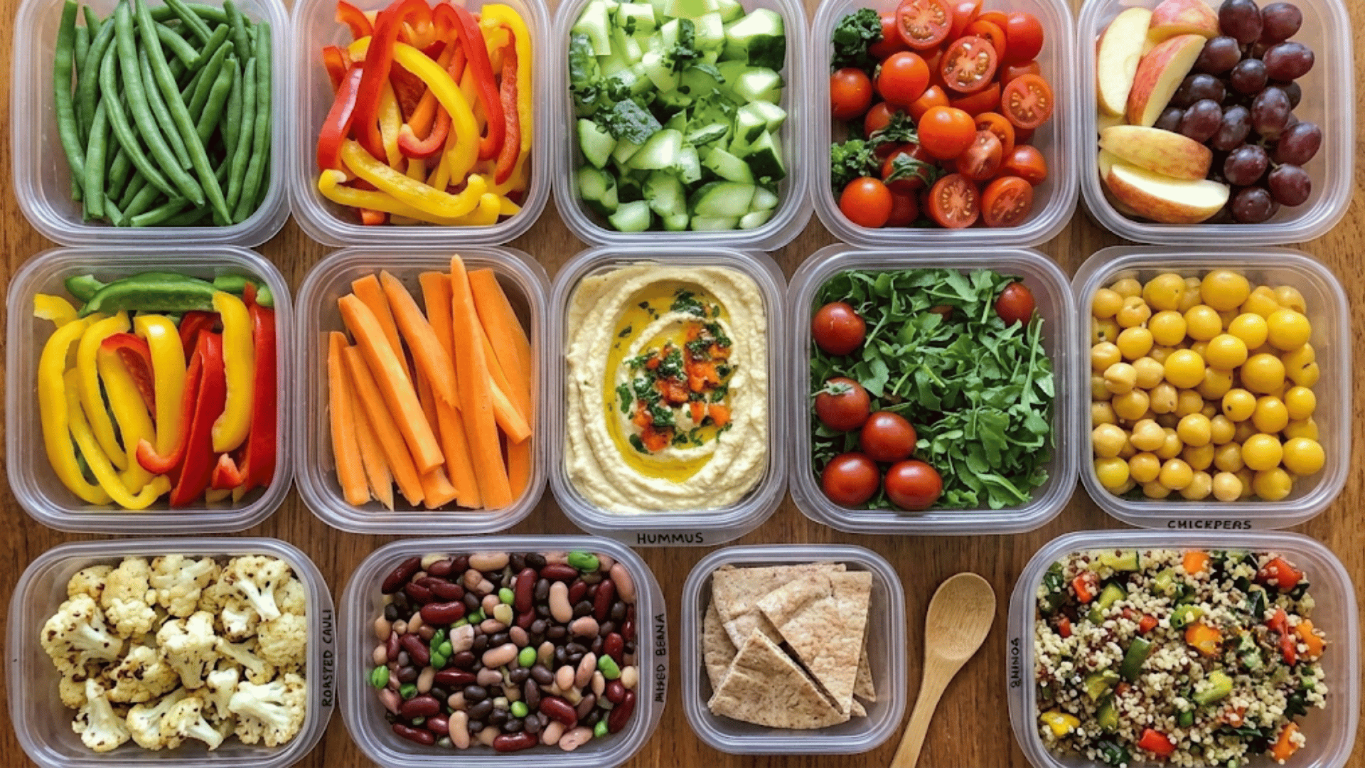 meal prep containers filled with hummus cucumber carrots zucchini cherry tomatoes leafy greens and fresh chopped vegetables