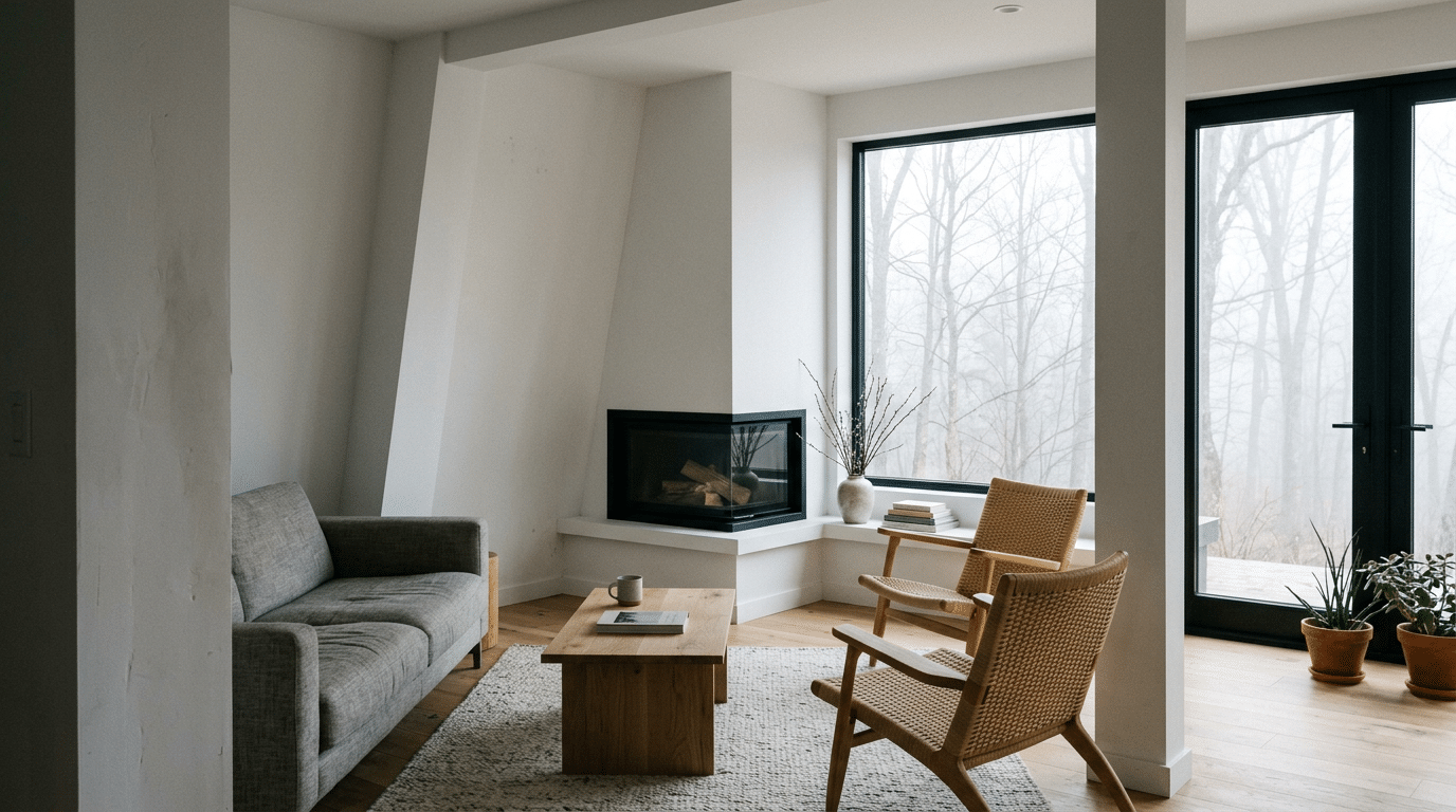 minimalist living room with a gray sofa woven chairs and modern corner fireplace beside large windows with forest views