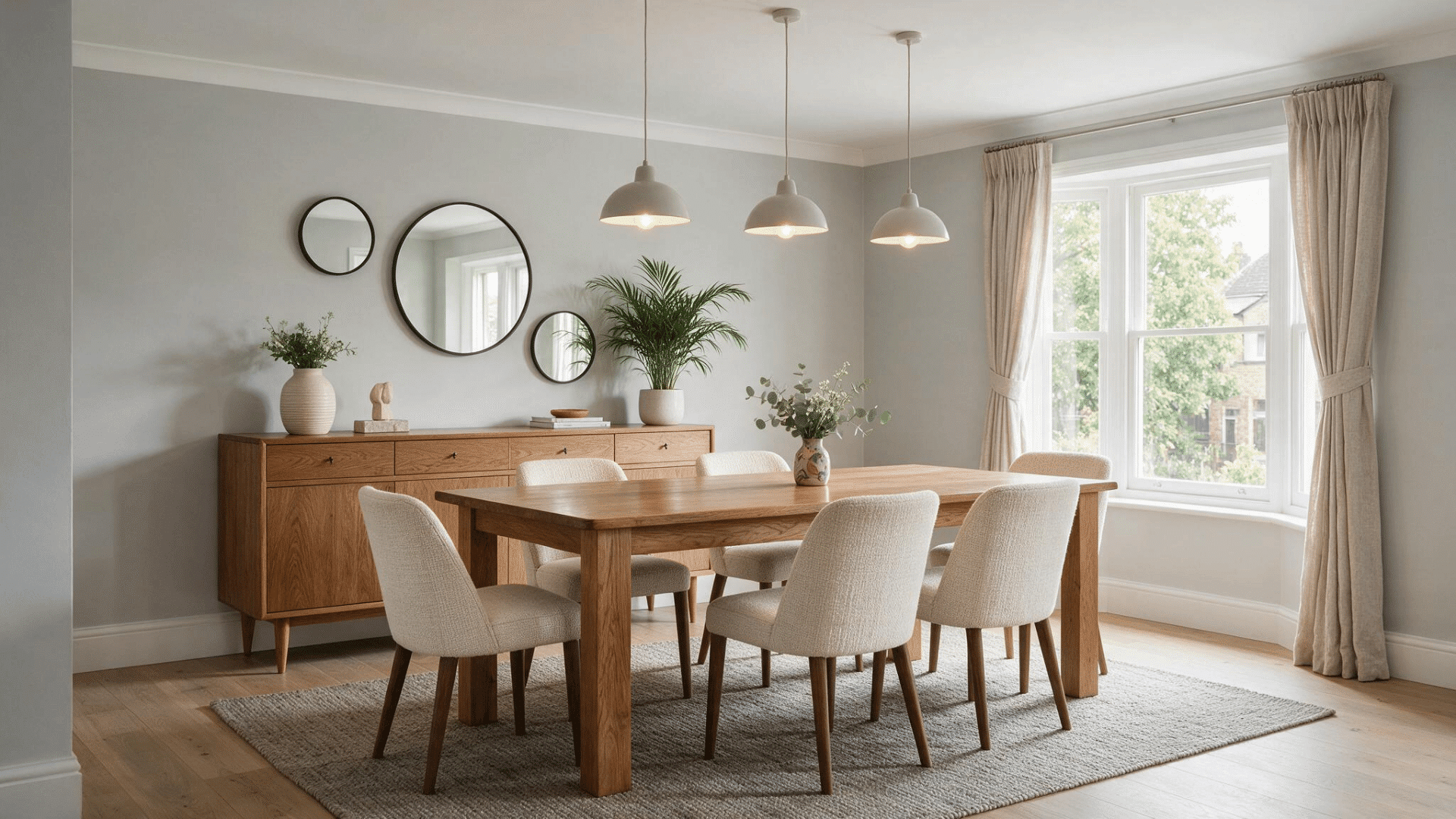 modern dining room with a decorative mirror arrangement creating a stylish accent wall above a wooden sideboard behind the dining table.