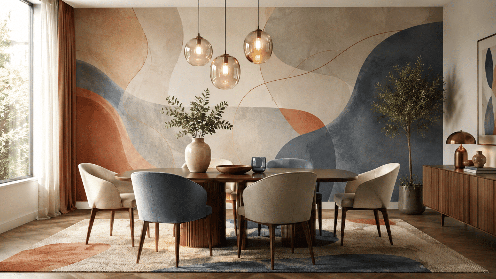 modern dining room with a large abstract mural, coordinated neutral furniture, soft curves, and warm lighting