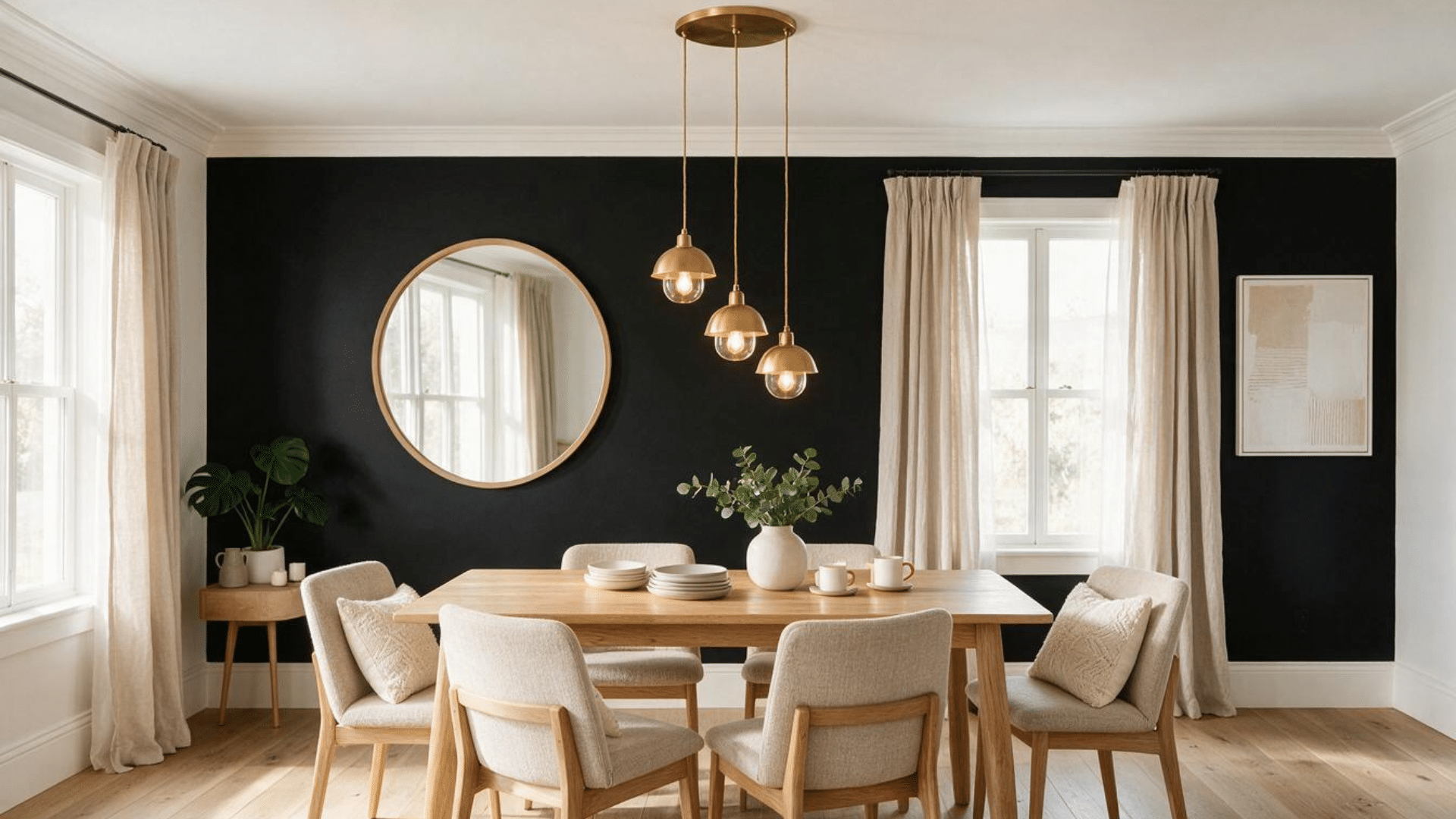 modern dining room with a matte black wall, pale wood furniture, brass lighting, white trim, and neutral decor.
