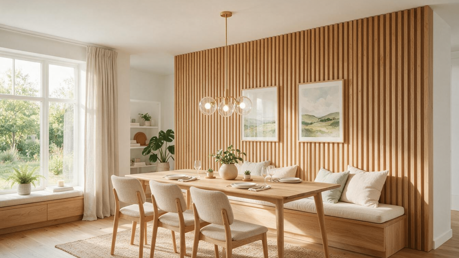 modern dining room with a vertical wood slat accent wall, light oak table, neutral chairs, pendant light, and indoor plants. (1)