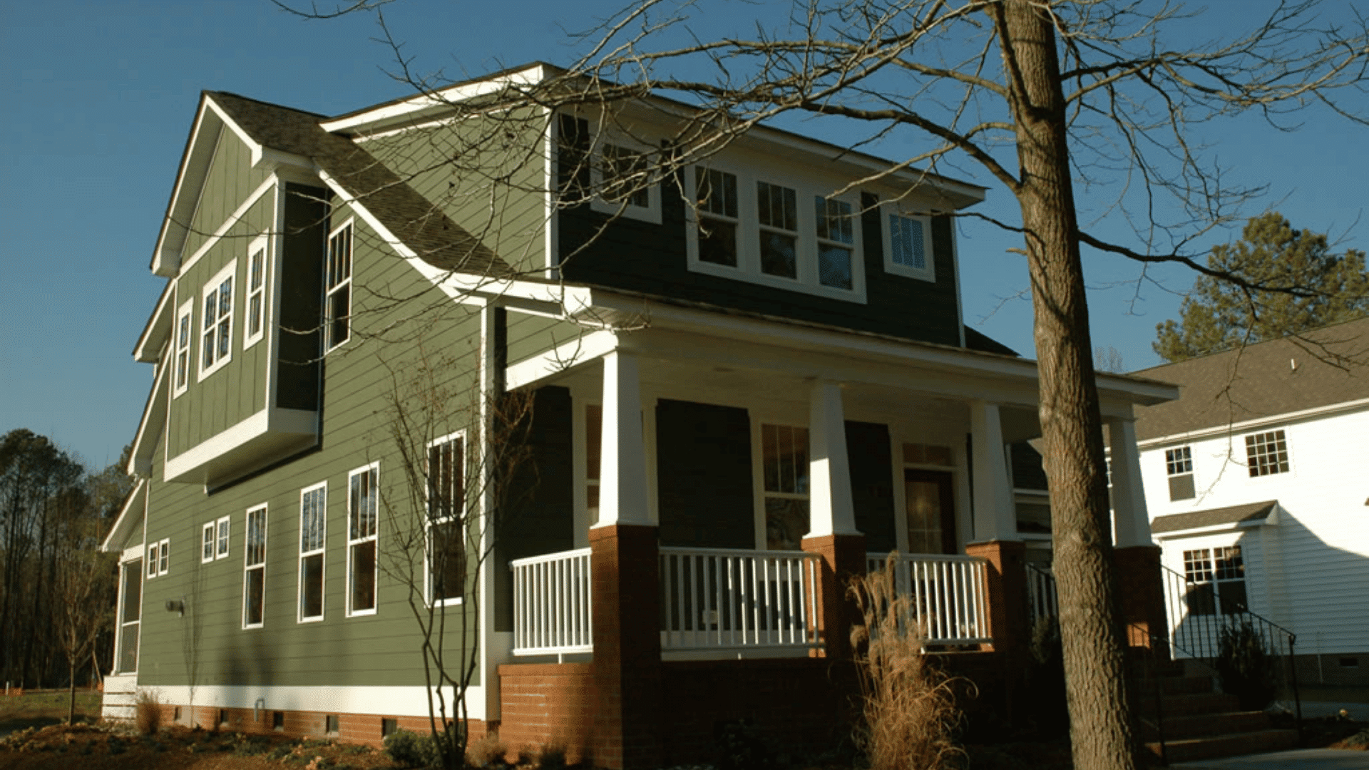 modern green house with covered porch white railings and trees beside the entrance outside