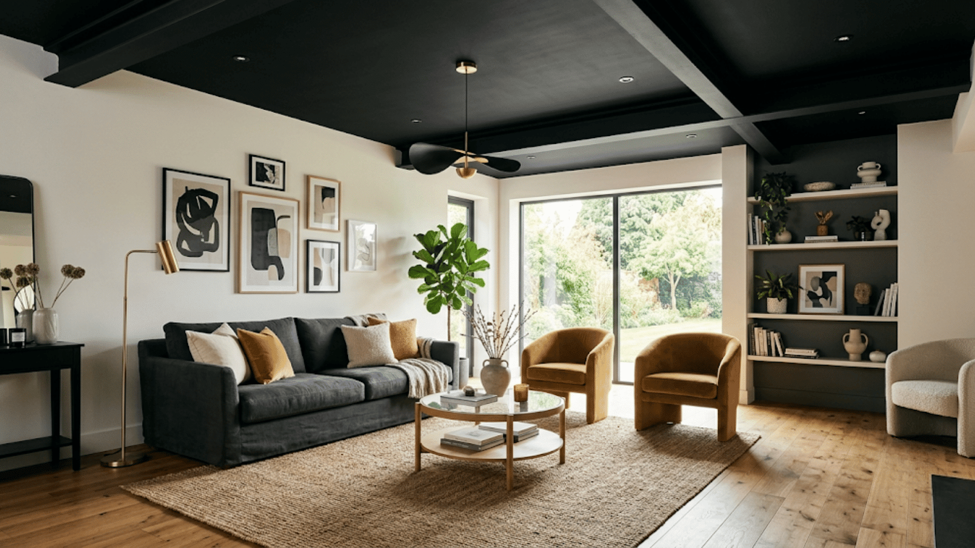 modern living room with dark sofa round coffee table two accent chairs large window and built in shelves