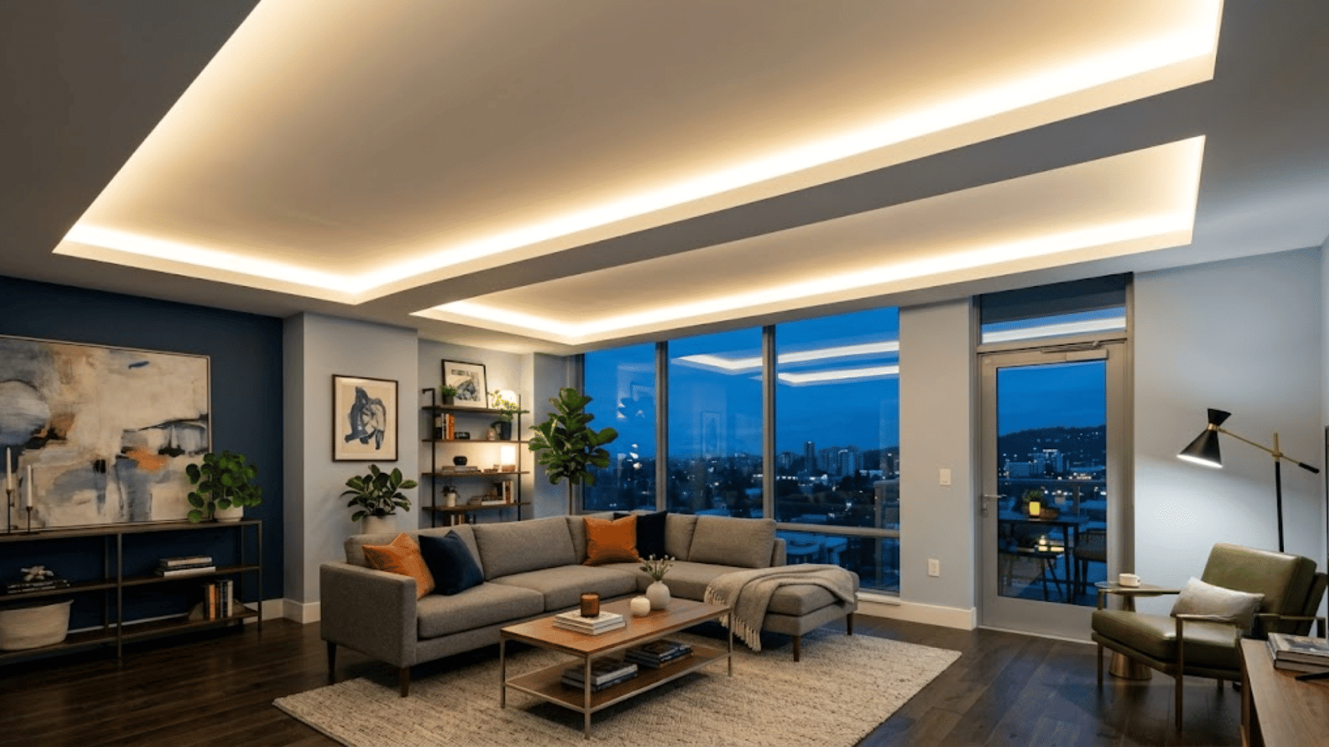 modern living room with recessed ceiling lighting gray sectional sofa large windows and city view at dusk with cozy decor