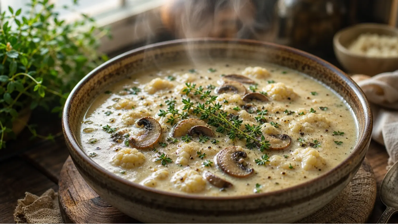 mushroom paleo soup creamy bowl with thyme and cauliflower healthy meal