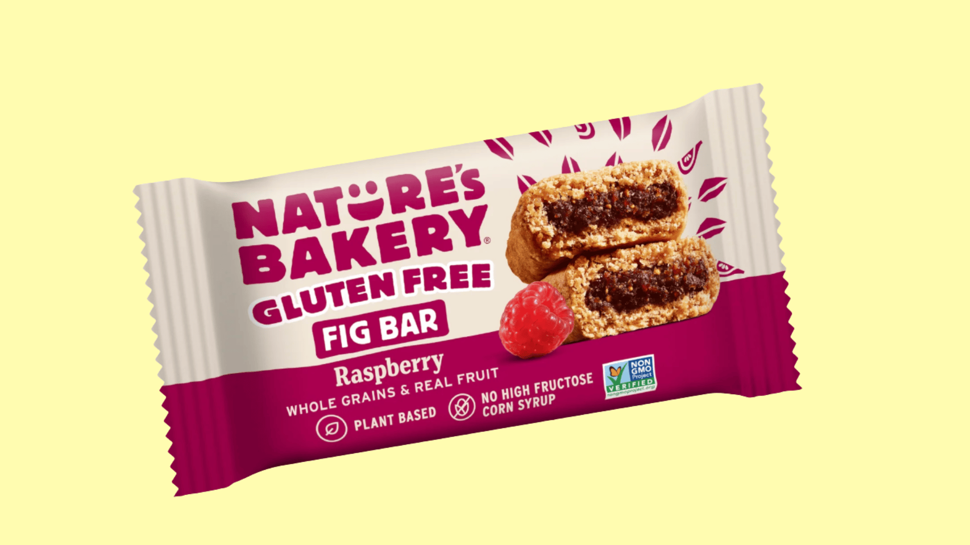 natures bakery gluten free raspberry fig bar wrapper featuring whole grains and real fruit on the package