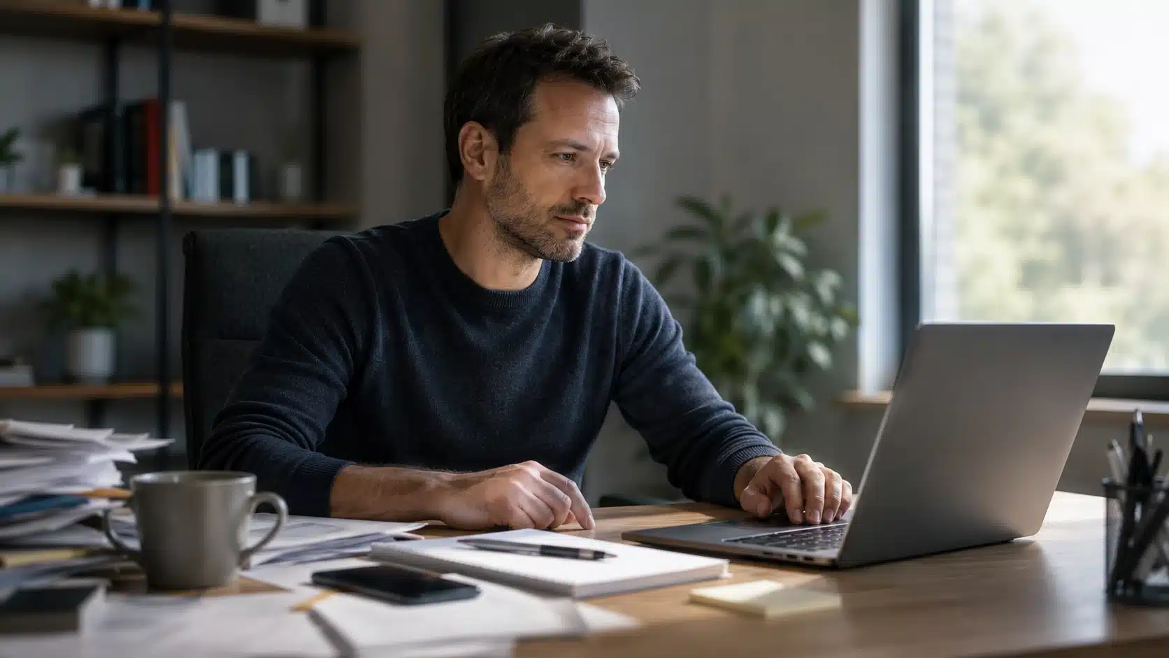office worker pausing before a tense email showing how to practice mindfulness at work during stress