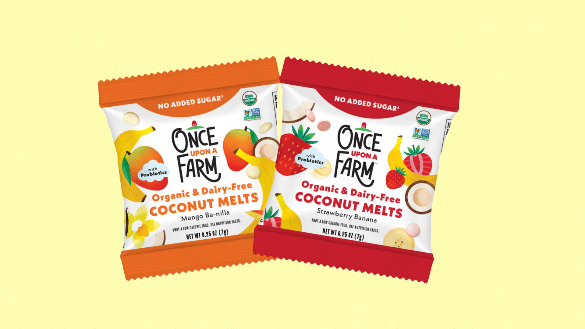 once upon a farm organic dairy free coconut melts snack packs in mango vanilla and strawberry banana flavors