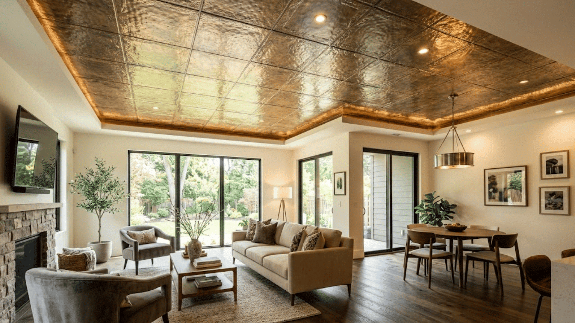 open concept living and dining room with decorative metallic ceiling large windows cozy seating area and modern wooden dining table