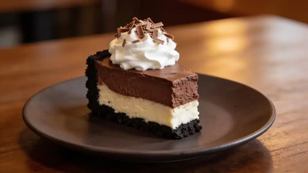 oreo chocolate mousse cheesecake with whipped cream