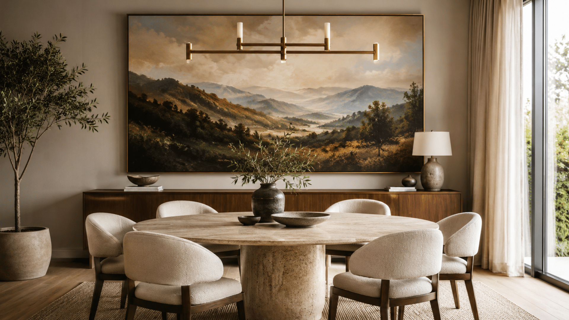 oversized abstract artwork above a walnut sideboard in a contemporary dining room with gallery inspired styling