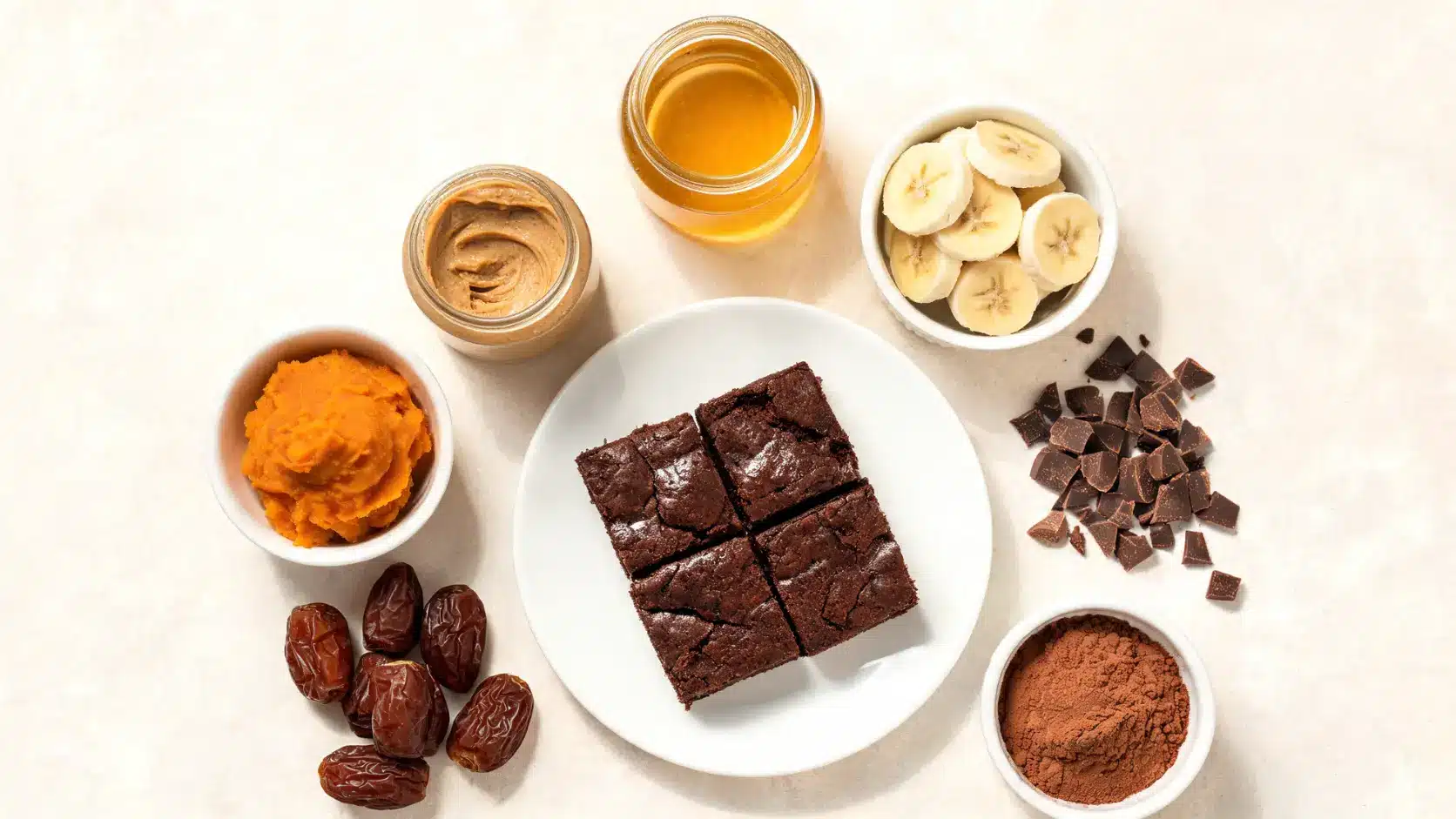 paleo brownies with honey, banana, sweet potato, almond butter, dates, and dark chocolate variations