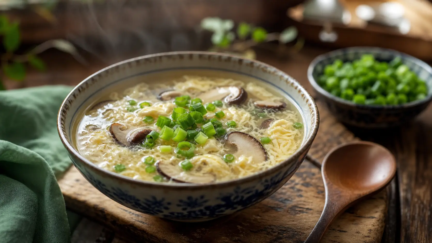 paleo egg drop soup light broth with egg ribbons and mushrooms bowl