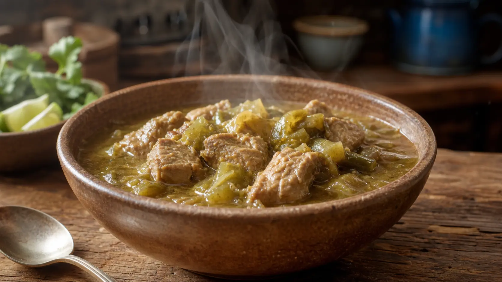 paleo pork green chile stew soup bowl with tender meat and green chiles