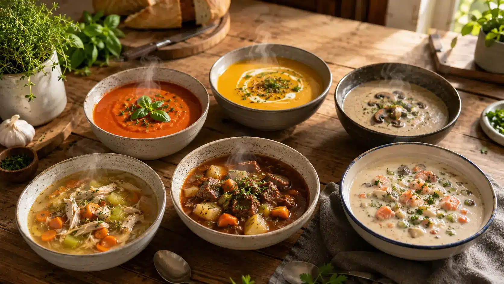 paleo soup recipes collection of healthy homemade soups in bowls on rustic kitchen table