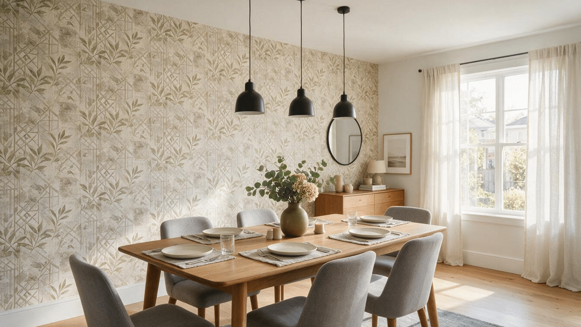 peel and stick wallpaper accent wall with neutral pattern natural wood dining table and modern decor