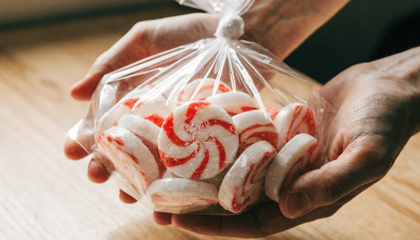 peppermint candies with red swirls packed in a clear bag held on a wooden surface