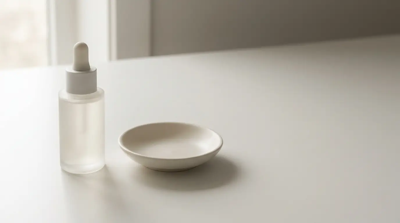Clear dropper bottle and ceramic dish on white surface in soft natural light