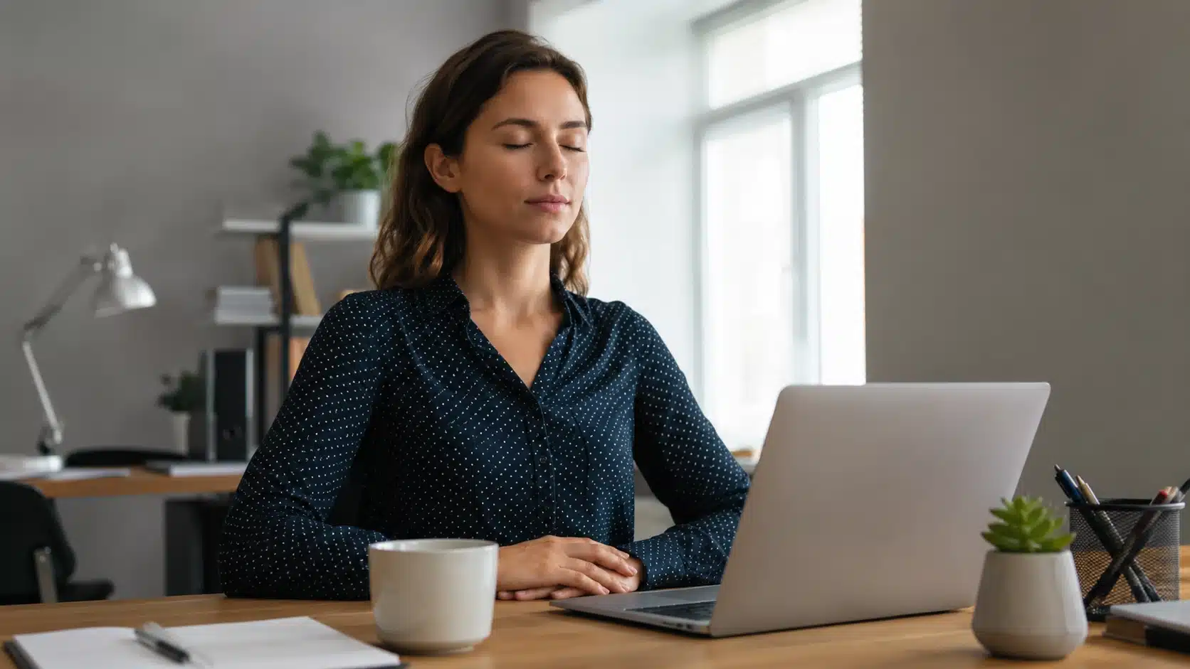 person at a desk taking a calm pause during work, showing how to practice mindfulness at work
