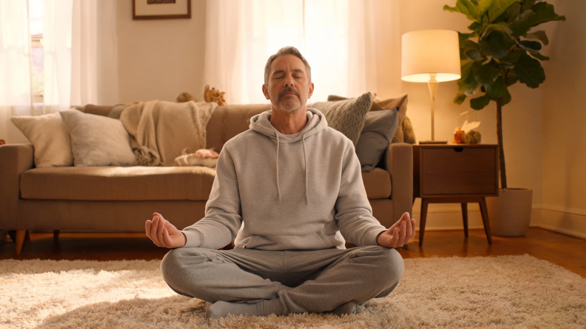 person meditating indoors in a cozy living room with warm lighting and a peaceful atmosphere