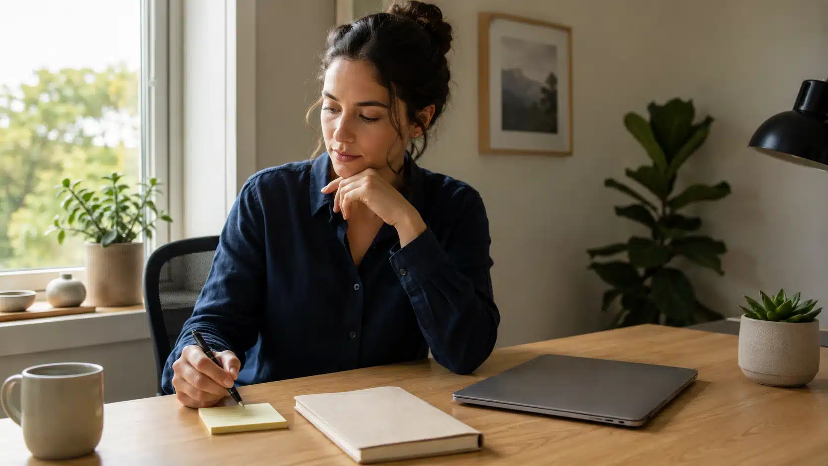 person setting a morning work intention with a blank note before opening email at a calm desk