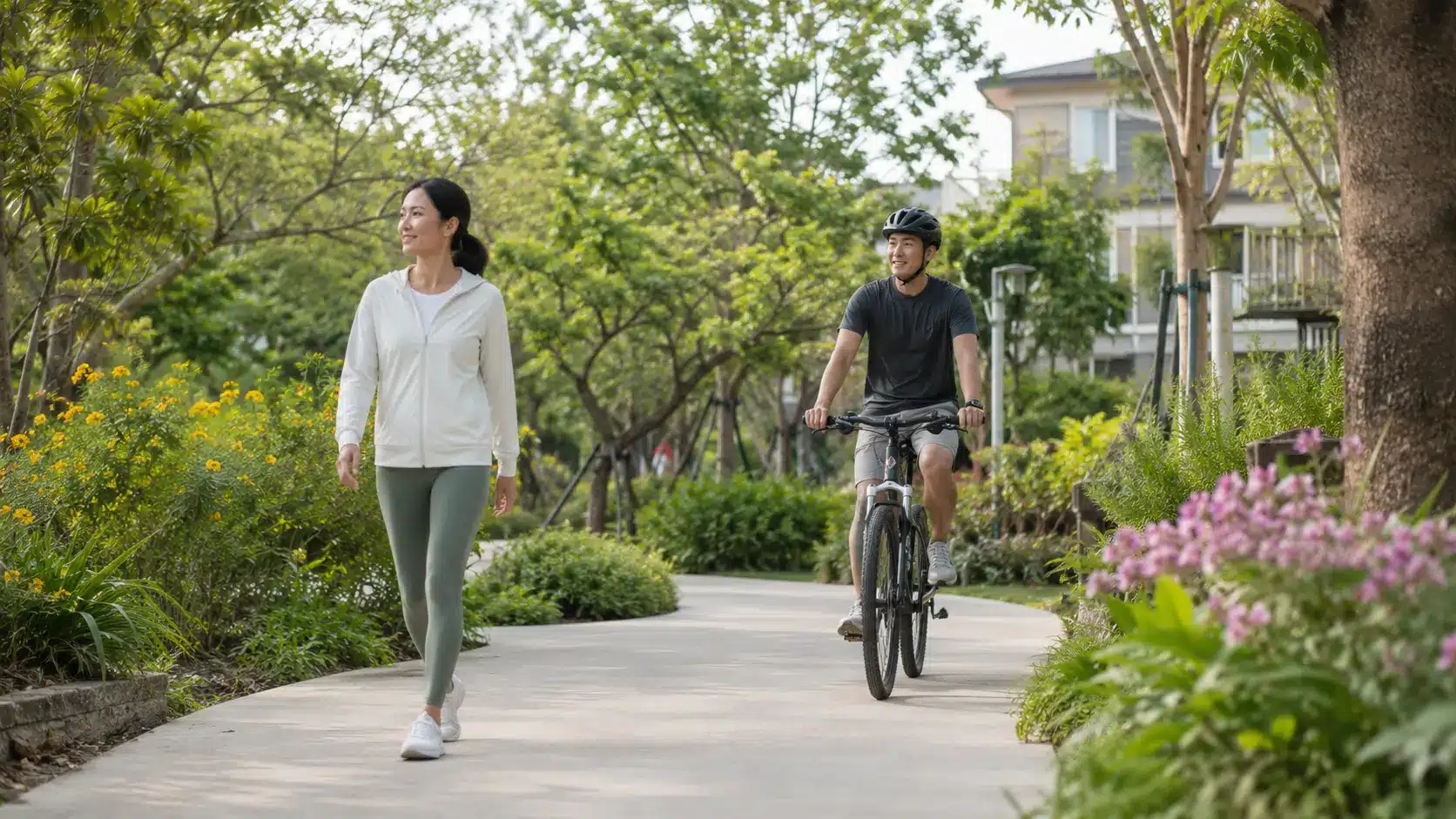 person walking and another cycling on a garden path for repeatable movement and daily well being