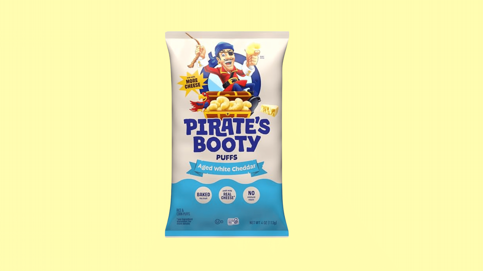 pirates booty aged white cheddar puffs snack bag with pirate mascot and cheese puffs on the package
